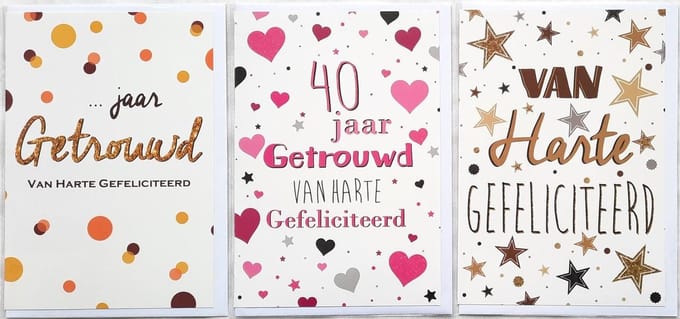 40 JAAR Getrouwd - … Jaar Getrouwd – 3 Wenskaarten - Van Harte Gefeliciteerd – 12 x 17 cm – GET-303