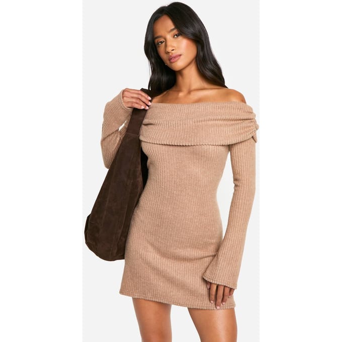 boohoo Dames Petite Geborstelde Rib Foldover Bardot Mini-jurk | Camel | Maat: 8