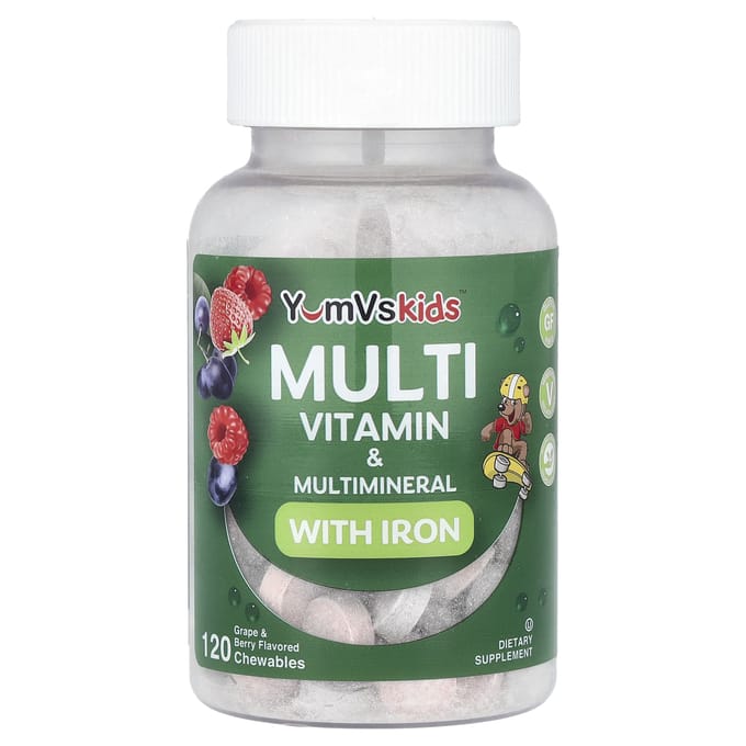 YumVs, Kids™ Multivitamines et Multiminéraux avec Fer, Raisin et Baie, 120 Comprimés à Croquer