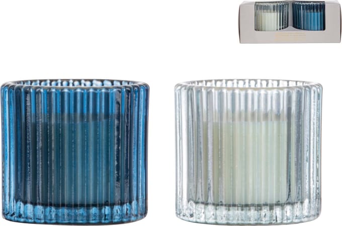 Gusta Kaarsen Ribbelglas - ø7cm - blauw - set 2 stuks