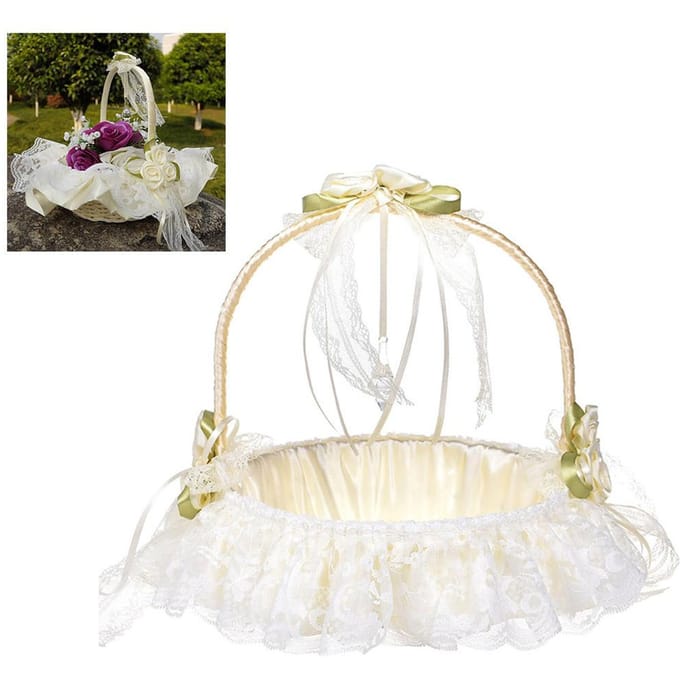 Bruiloft Bloemenmand Bruiloft Bloemenmeisje Mand Handgeweven Kant Bruiloft Mand beige