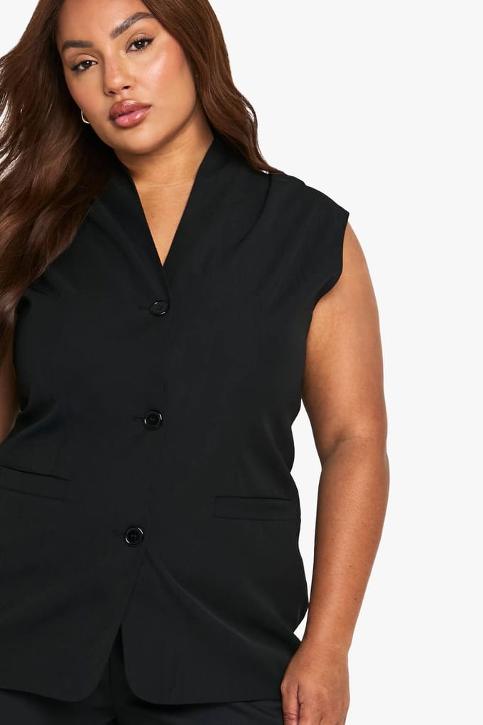 boohoo Dames Plus Cap Sleeve Longline Getailleerd Gilet | Black | Maat: 28