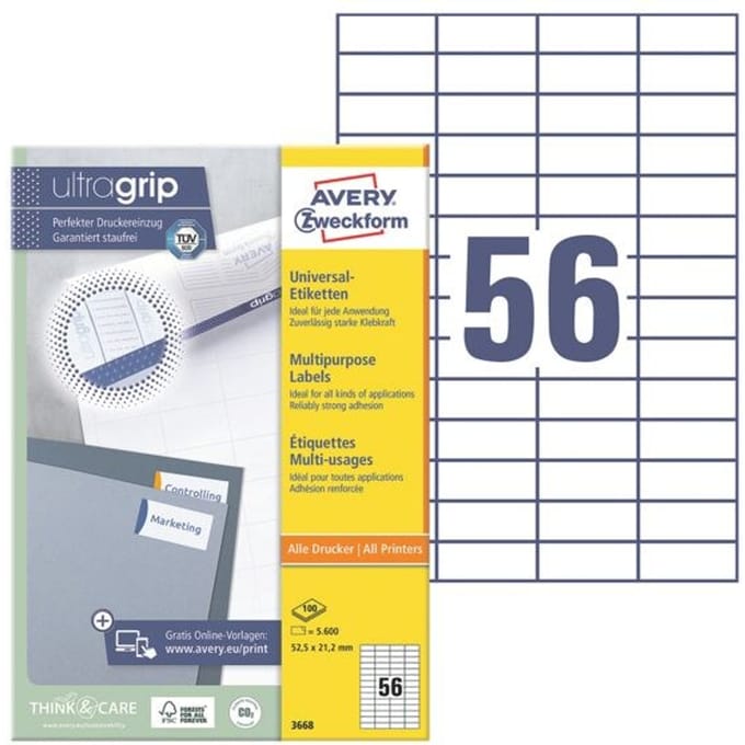 AVERY Zweckform Universal-Etiketten 3668, ultragrip, 52,5 x 21,2 mm, 5600 Stück