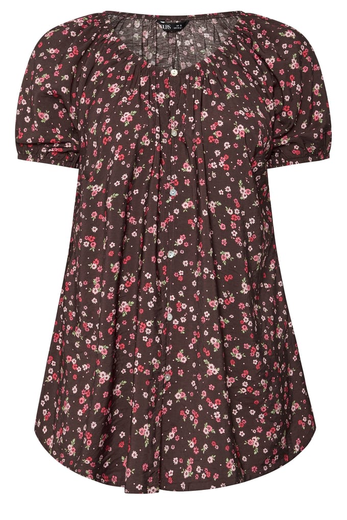 Yours Chocoladebruine Blouse Met Bloemenprint Size 66-68