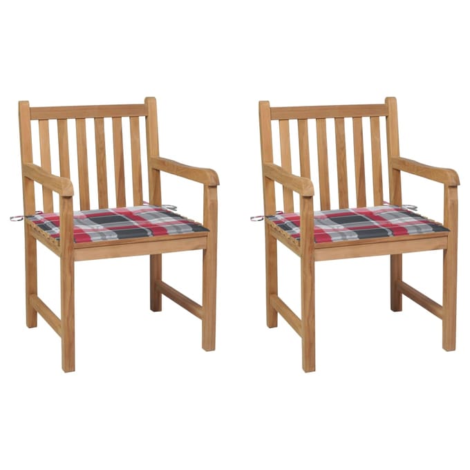 vidaXL - Tuinstoelen - 2 - st - met - rood - geruite - kussens - massief - teakhout