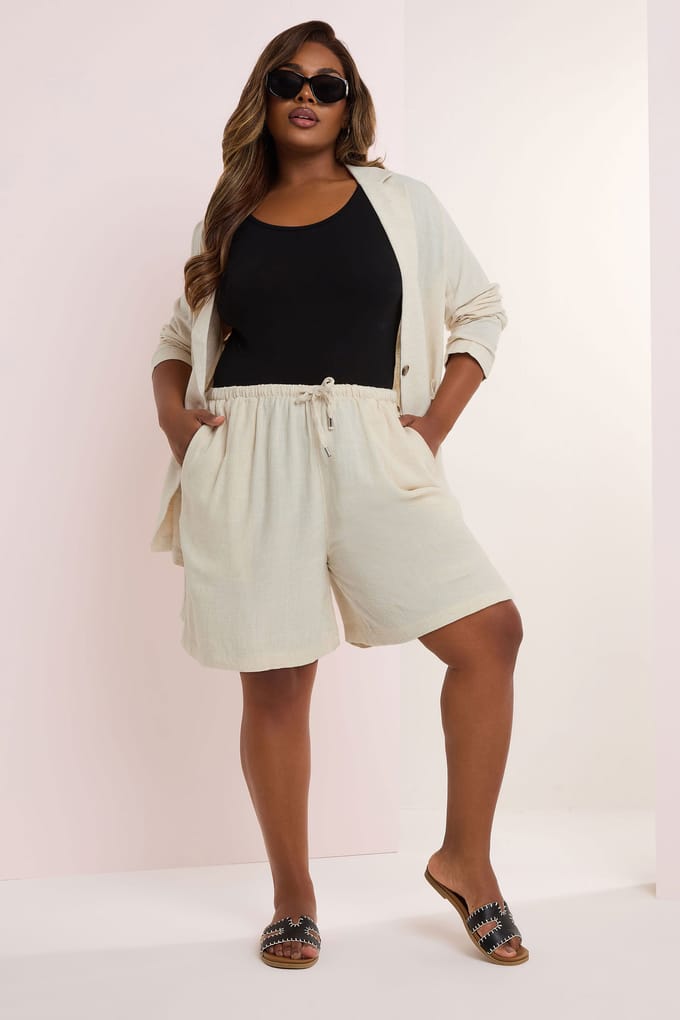 Yours Short Van Linnenmix Met Elastische Taille In Beige Size 58-60