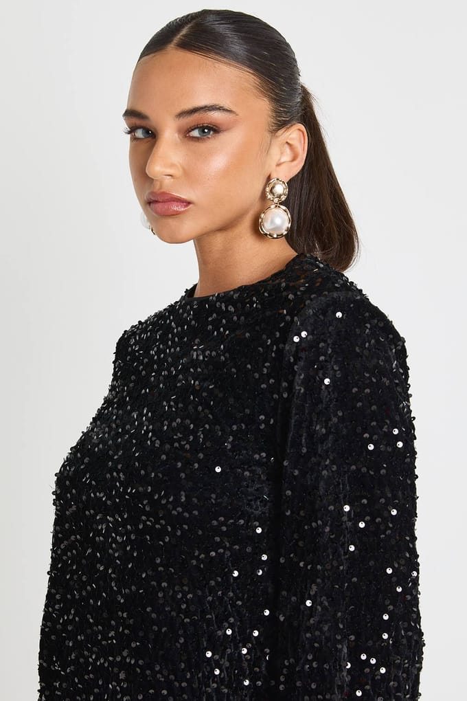 boohoo Dames Pailletten Blousonmouw Shift Feestjurk | Black | Maat: 8