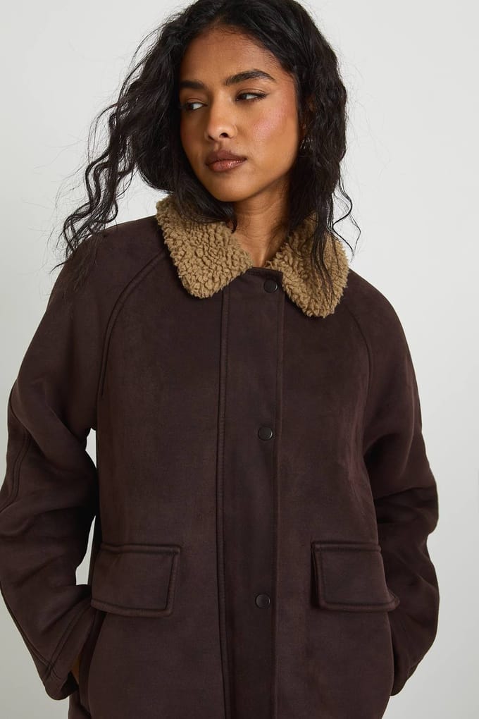 boohoo Dames Nep suede pilotenjas met wanten | Chocolate | Maat: 8
