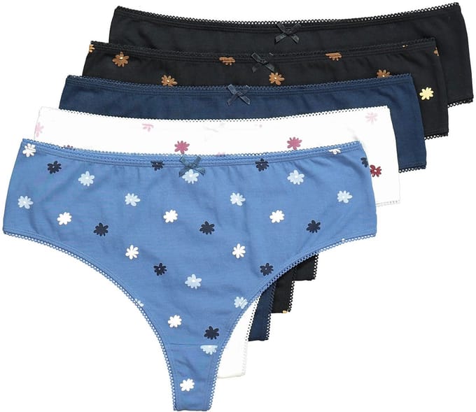 Ulla Popken - Dames - Strings set van 5 millefleur/effen - Licht zeilblauw - Maat 50+