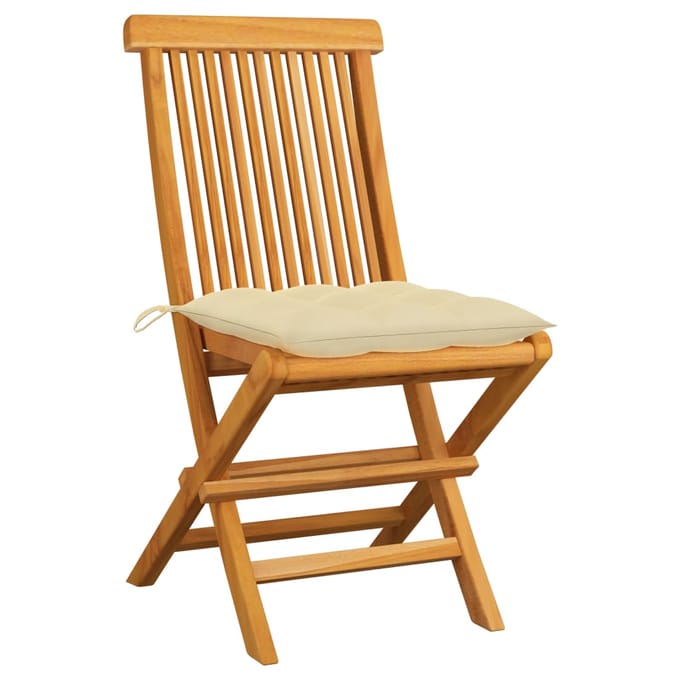 vidaXL - Inklapbare - stoelen - 2 - st - met - crèmewitte - kussens - massief - teakhout