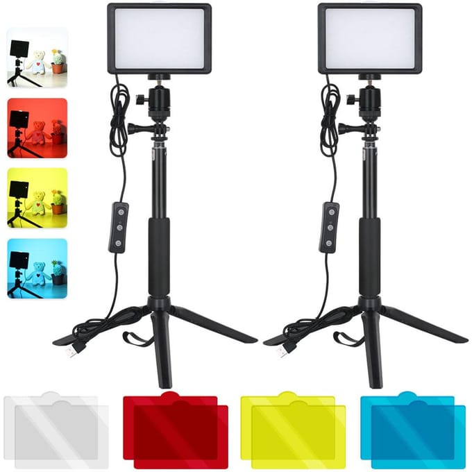 2-pack desktop USB LED-videolampenset met 2 * dimbaar invullicht 5600K + 2 * uitschuifbaar statief zwart