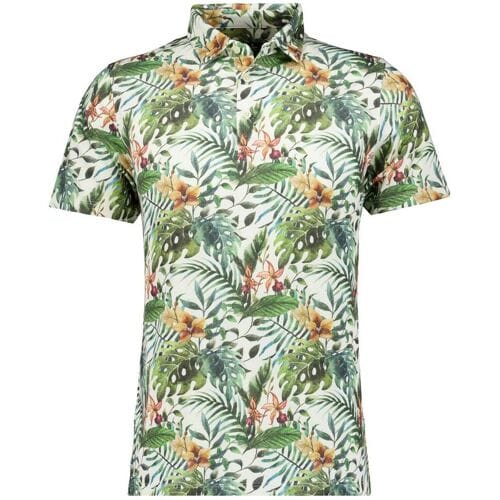 Ragman Polo Soft Knit Jersey Allover Leaves Pattern Groen-Multi / male