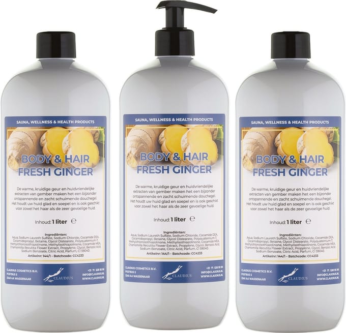 Body & Hair Fresh Ginger 1 Liter - met gratis pomp - set van 3 stuks - 2 in 1 voor lichaam en haar.