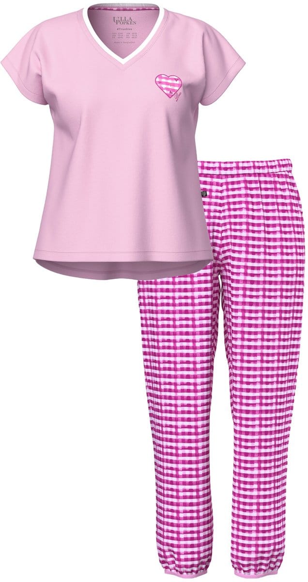 Ulla Popken - Dames - Pyjama ruit V-hals korte mouwen - Roze - Maat 54+