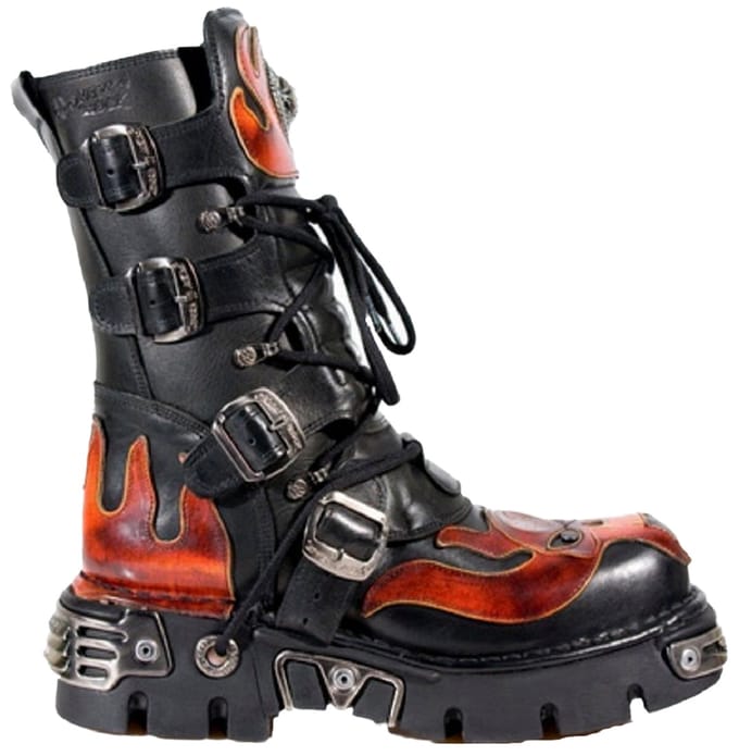 New Rock Flame geaccentueerde zwart/rode leren biker-schedellaarzen - 107-S1