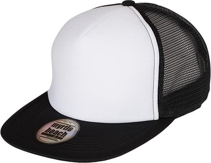 Myrtle Beach Volwassenen Unisex 5 Panel Flat Peak Cap (Wit/zwart)
