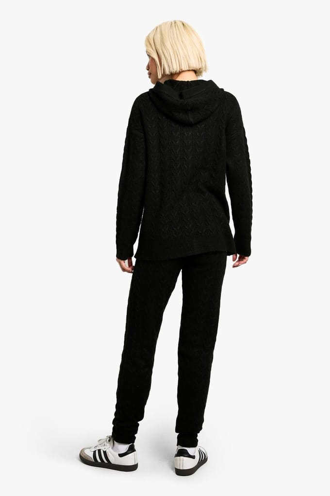 boohoo Dames Zacht kabelgebreid trainingspak met capuchon en ritssluiting | Black | Maat: Medium
