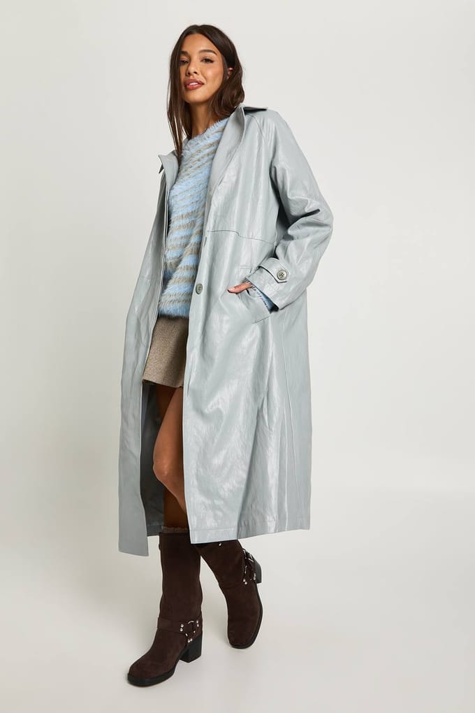 boohoo Dames Longline met kraag kunstleren trenchcoat | Grey | Maat: 8