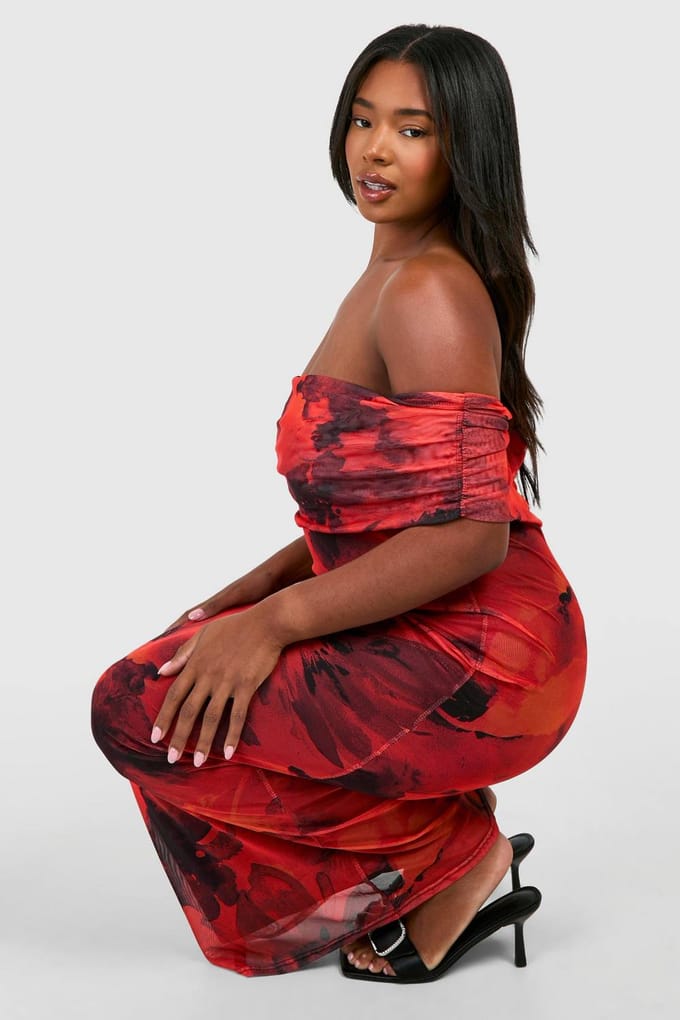boohoo Dames Plus Bardot Floral Maxi Jurk | Bloemen | Maat: 56