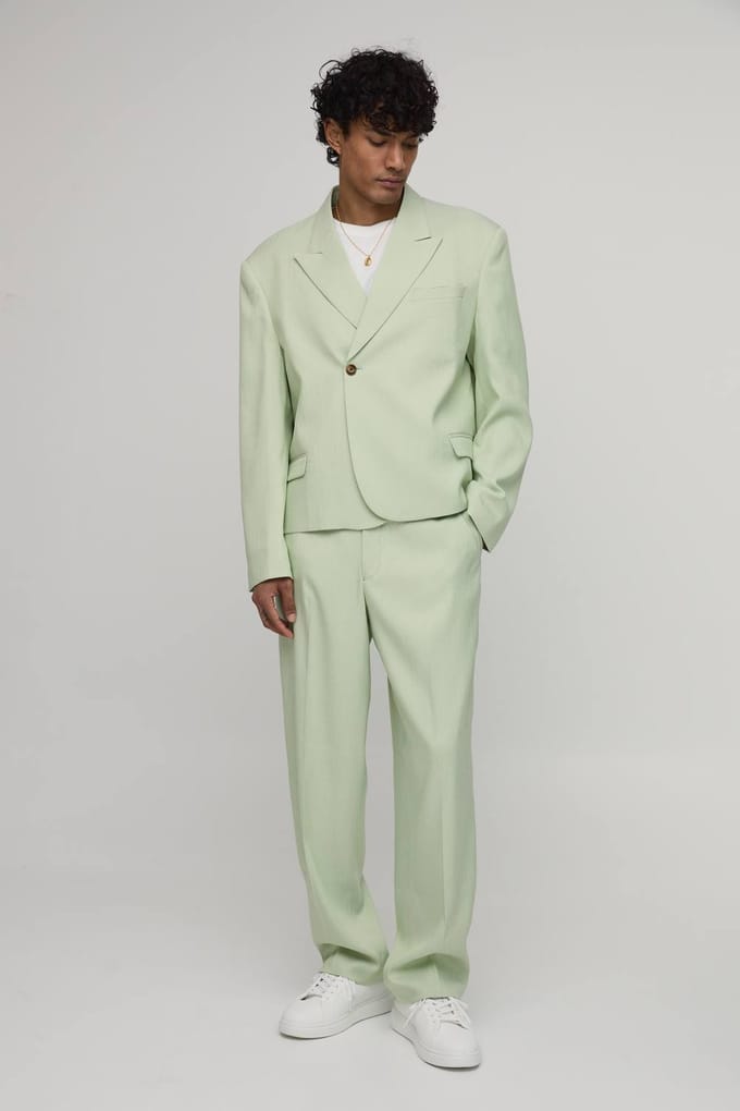 Oversized Boxy Visgraat Blazer Met Enkele Knoopsluiting | Sage | Size 42