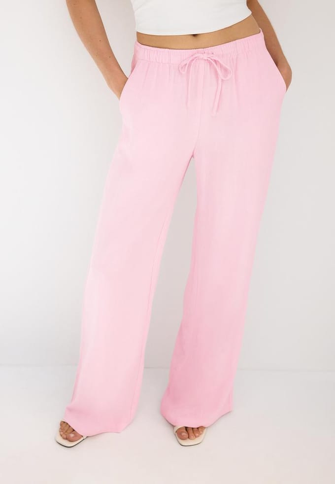 Stradivarius Soepelvallende broek met linnenlook  Pastelroze S