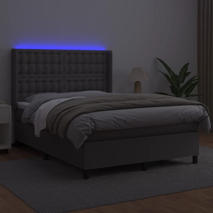 vidaXL - Boxspring - met - matras - en - LED - kunstleer - grijs - 140x200 - cm