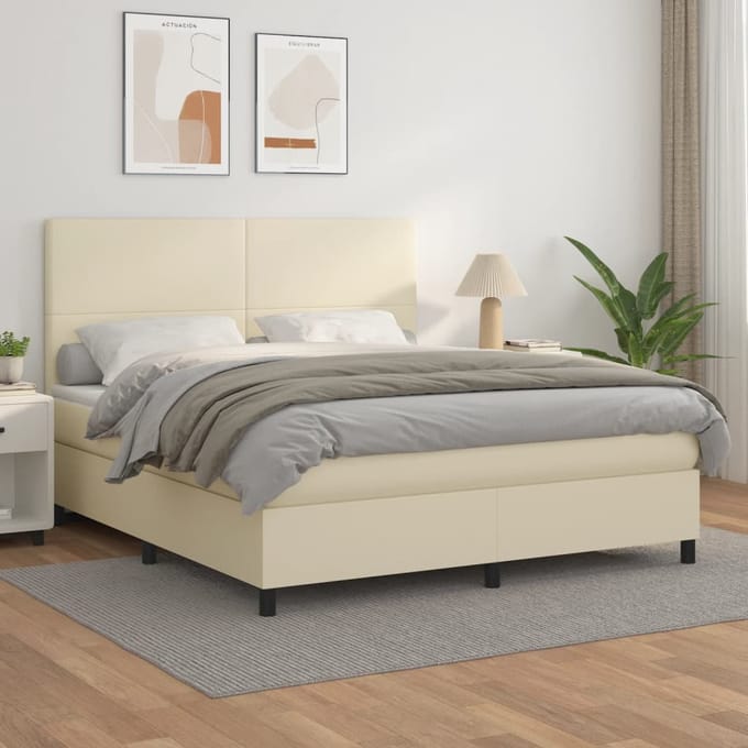 vidaXL - Boxspring - met - matras - kunstleer - crèmekleurig - 160x200 - cm