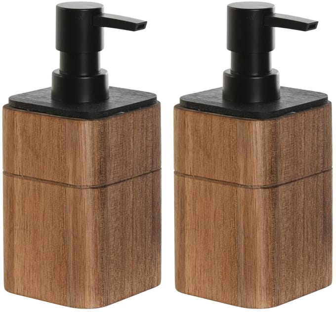 Atmosphera Zeeppompje/dispenser - 2x - bruin - acacia hout - 8 x 18 cm - natuurlijke look
