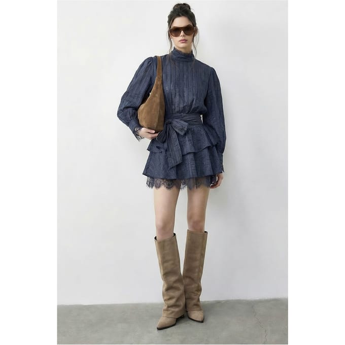 Textured Mini-jurk met Halve Col en Stofdetail