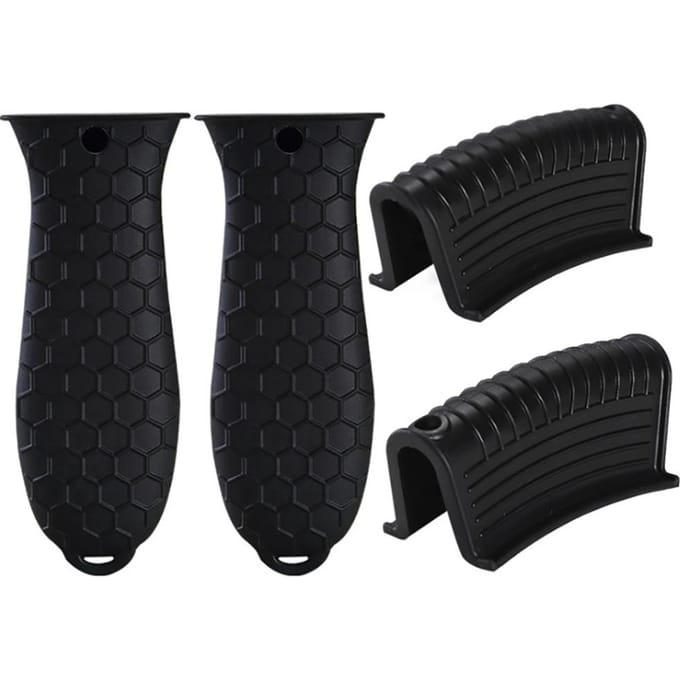 4PCS Support de Poignée Chaude en Silicone et Support de Poignée Auxiliaire en Silicone Manchons de Poignée de Poêle en Fer Pot noir
