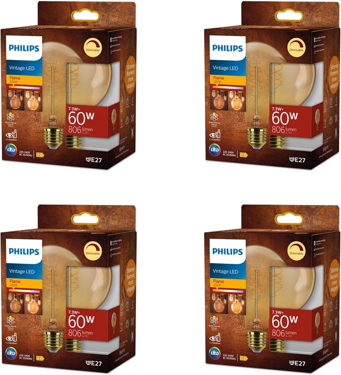 Philips Voordeelverpakking - E27 - LED Globelamp - Helder - 60W - Amber - Dimbaar - Warmwit Licht - Set van 4 Stuks
