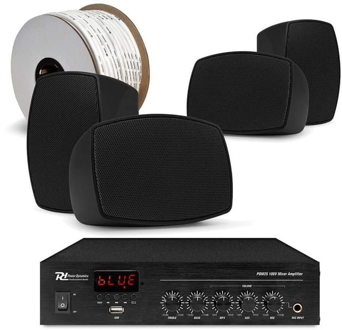 Power Dynamics complete buiten speaker set - 4x waterdichte mini speakers en 100V versterker - Zwart
