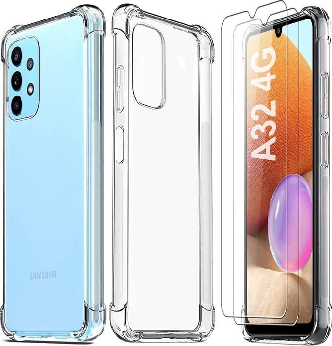 Anti-Shock silicone hoesje met 2 Pack Tempered glas Screen Protector Geschikt voor: Samsung Galaxy A32 4G