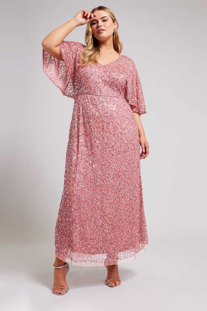 Luxe: Ultimate Embellishment Luxe Maxijurk Met Allover Paillettenversiering & Engelmouwen In Rozesize 42