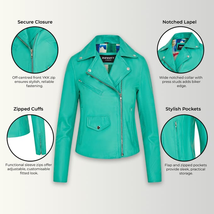 Dames Aqua Blue Classic Brando Biker leren jack - Broome