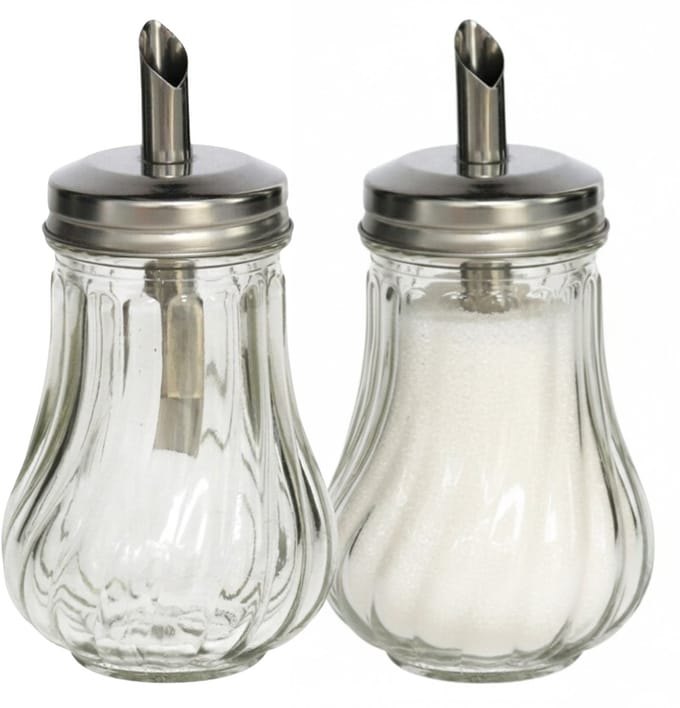 Gerimport Suikerpot / strooier - 2x - glas met RVS tuit - 210 ml - dispenser