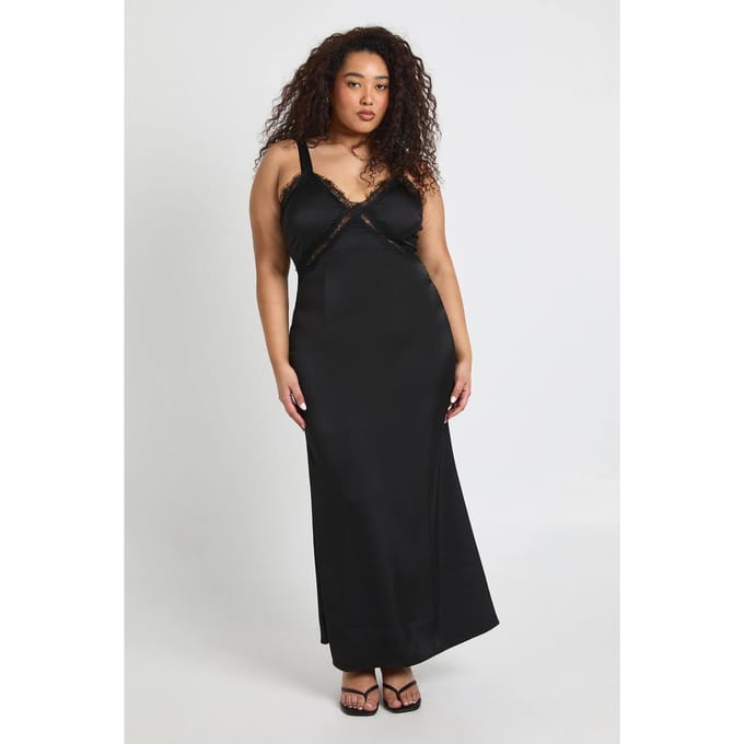 boohoo Dames Plus Satijnen Maxi Slip Jurk Met Kanten Afwerking | Zwart | Maat: 44