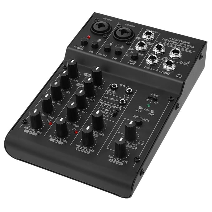 Mini console de mixage 4 canaux, mélangeur audio numérique, égaliseur 2 bandes, alimentation fantôme 48 V intégrée, 5 V black
