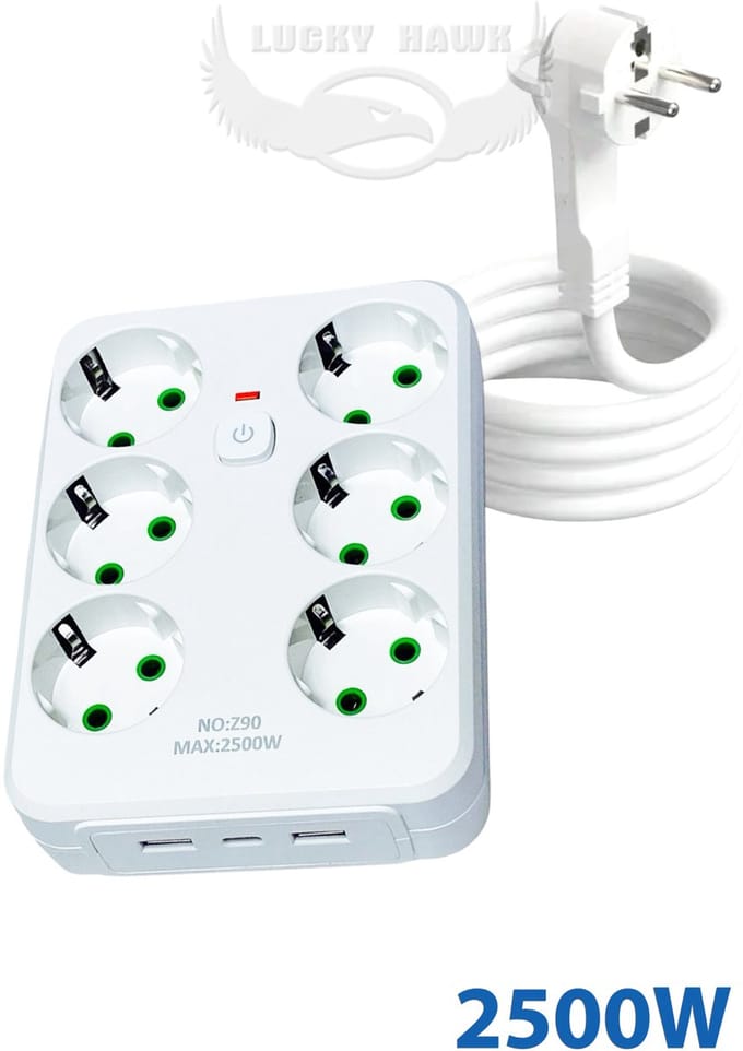 Lucky Hawk Power Socket - Stekkerdoos met 6 Stekkers en 2 USB ingangen + 1 USB-C - 2500W vermogen 2meter snoer