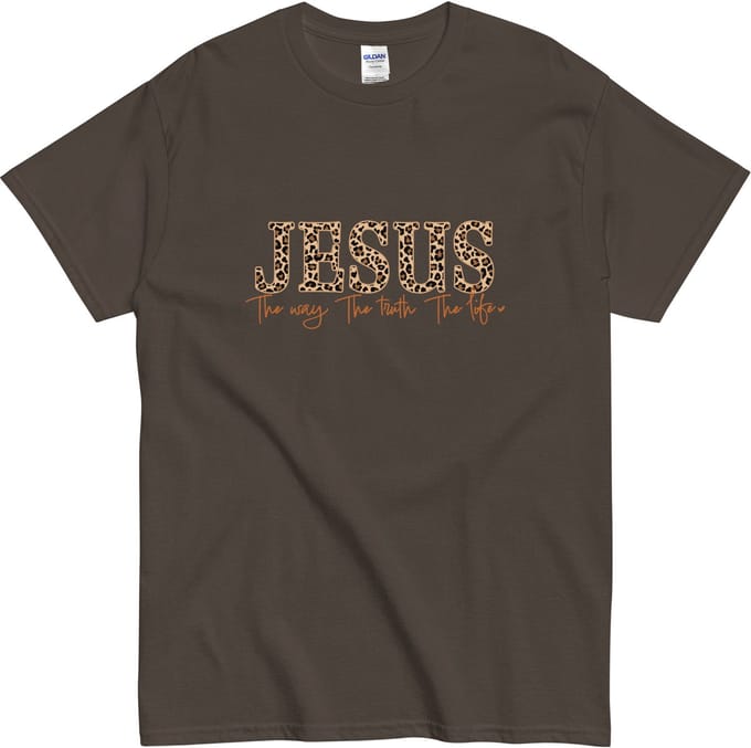 Faith Tshirt Dames Heren - met Jezus Tekst - Christian Leopard Print - Bruin - S