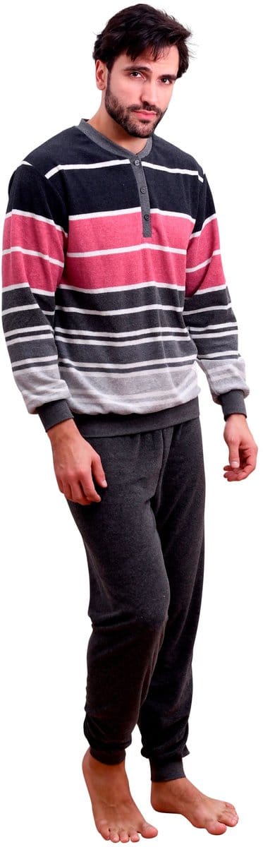 Badstof herenpyjama met knoopsluiting, warme pyjama met leuke blokstreeplook