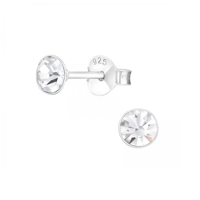 Zilveren oorknop, Wit kristal (3MM)