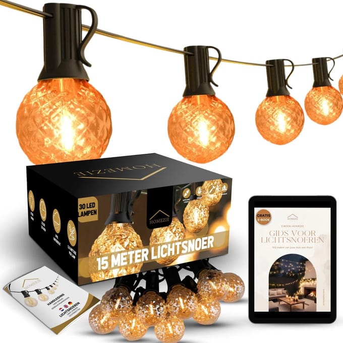 Homezie Lichtsnoer 15 meter met 30 LED bulbs | Nieuw design | IP44 Spatwaterdicht | Warm wit | Koppelbaar & Dimbaar