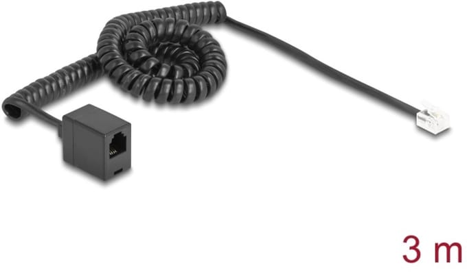 Delock Telephone Cable / Coiled Cable RJ11 plug to RJ11 jack black 3 m