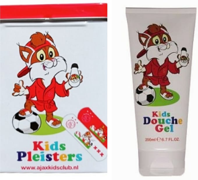 Ajax Kids Pleisters in Bewaarblik en Kids Douchegel