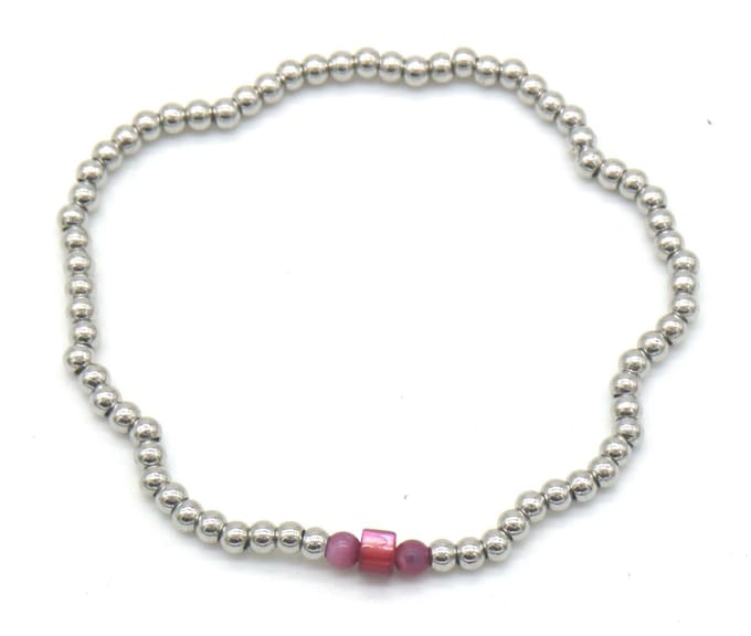 Armband Dames - Elastisch - Zilverkleurige Kralen RVS - Paarse Steen