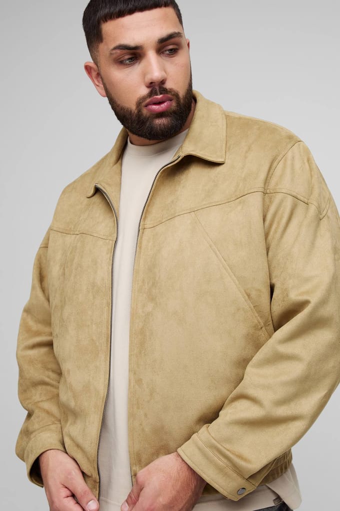 Plus Faux Suede Western Zip Up Boxy Oversized Jacket | Stone | Size 2XL