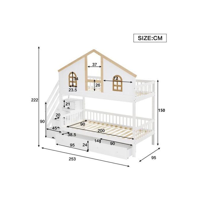 Stapelbed - MUVOE - 90x200 cm - Wit en natuurlijke tinten - 2 lades - Veiligheid EN747 wit