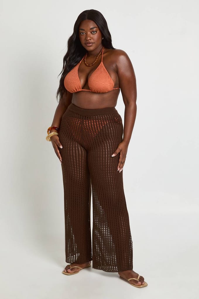 boohoo Dames Plus Beach Wijde Pijp Gehaakte Broek | Chocoladebruin | Maat: 44