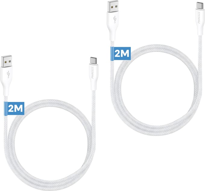 2x oplaadkabel - Usb C naar usb A - data & oplaad kabel - 2 meter - Stevig nylon - Wit - Phreeze